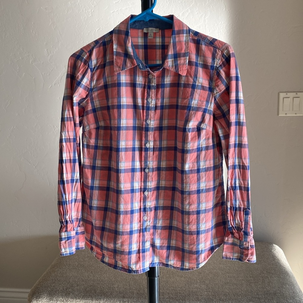 Talbots Peach Coral Blue White Plaid button down Size Petite Small